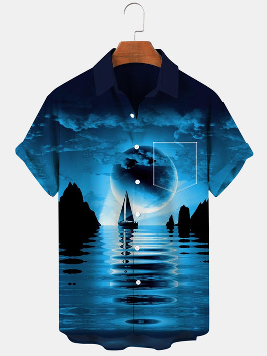 Sailboat Moon Sea Short Sleeve Men's Shirts With Pocket