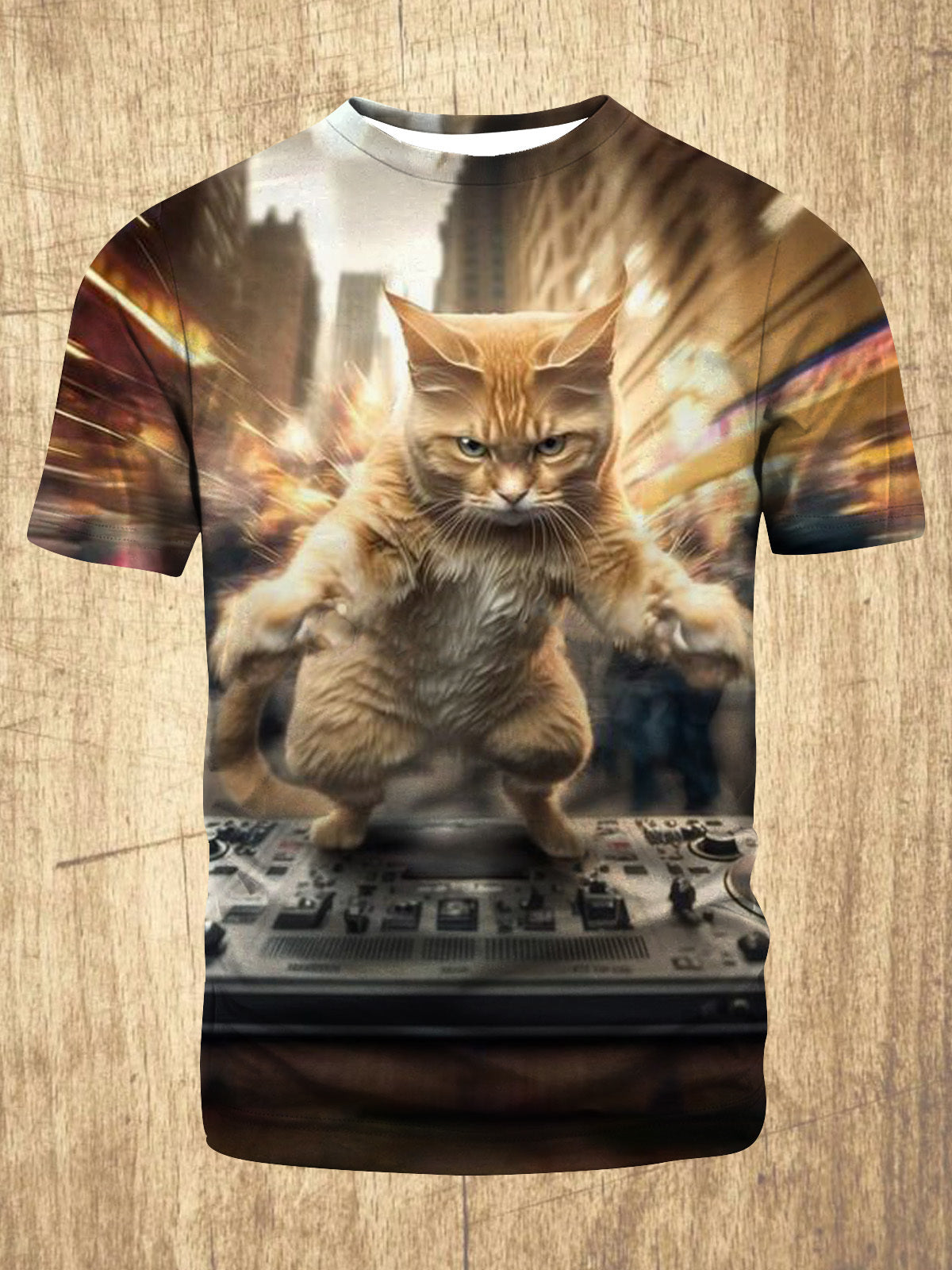 Rock Dj Cat Print Round Neck Short Sleeve Men's T-Shirt