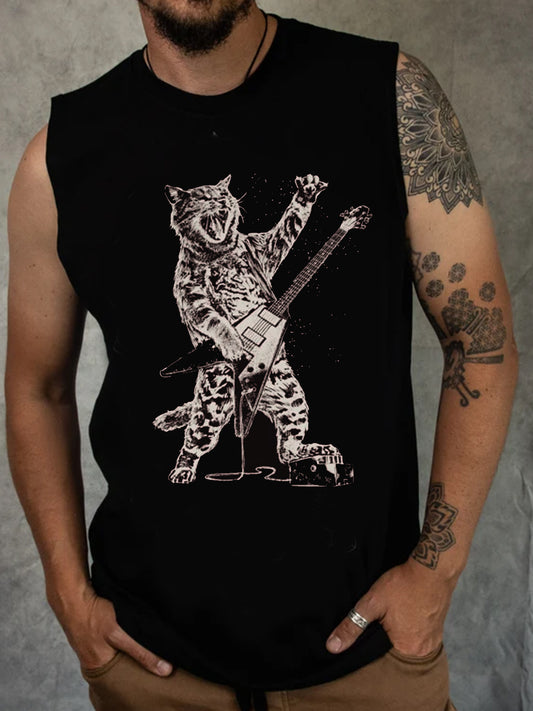 Rock Personality Cat Line Drawing Print Men's Vest