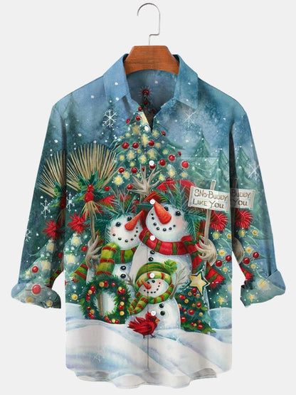 Snowman Long Sleeve Men's Shirts With Pocket