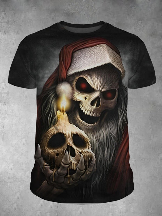Christmas Skull Print Round Neck Short Sleeve Men's T-Shirt