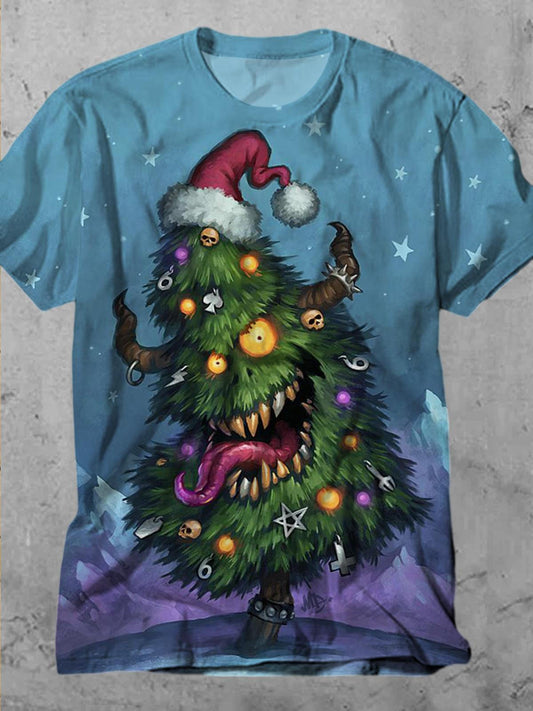 Christmas Tree Print Round Neck Short Sleeve Men's T-shirt