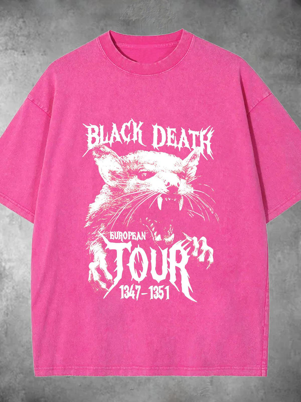 Black Death European Tour Rat Print Washed Short Sleeve Round Neck Men's T-shirt