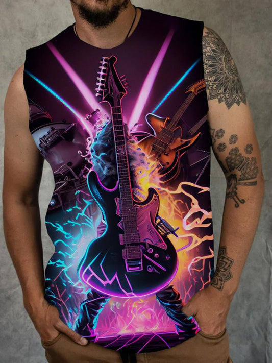 Dark Guitar Color Print Men's Sleeveless Round Neck Vest