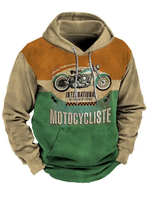 Men's Retro Motorcycle Print Long Sleeve Hooded Pocket Sweatshirt