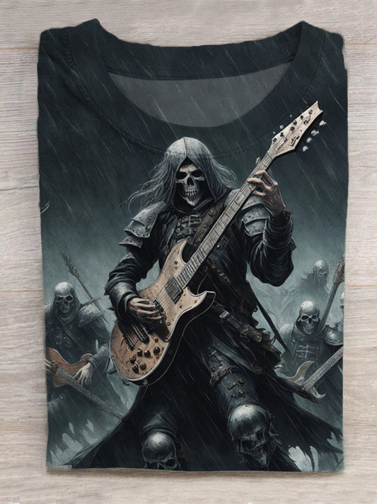 Heavy Metal Skull Guitarist Print Round Neck Short Sleeve Men's T-shirt