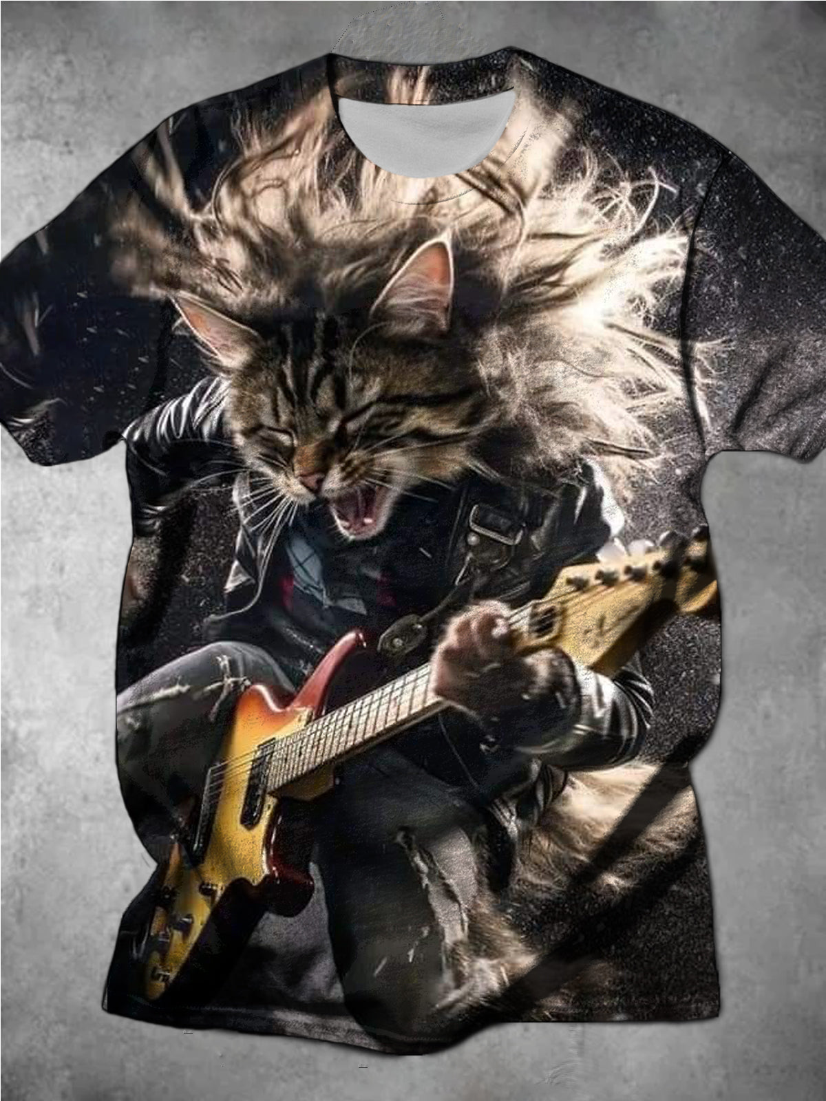 Rock And Roll Cat Casual Printed Round Neck Short Sleeve Men's T-Shirt