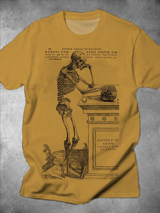 Pondering Skeleton Print Round Neck Short Sleeve Men's T-shirt