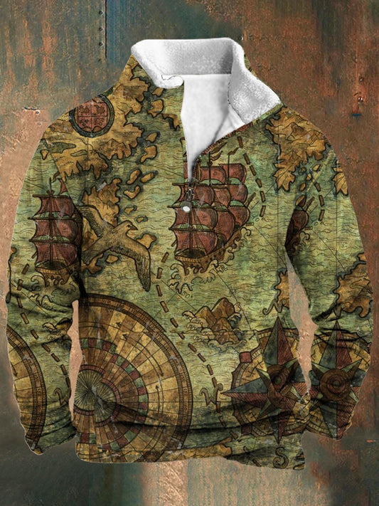 Retro Nautical Map Print Men's Long Sleeve Stand Collar Zipper Sweatshirt