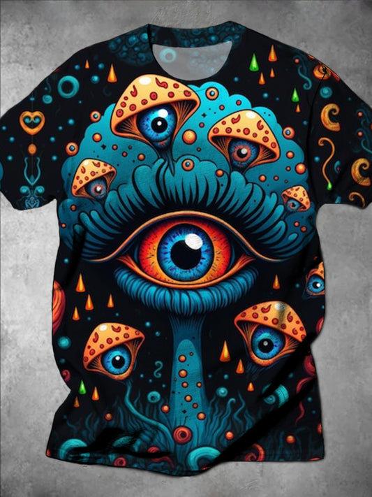Psychedelic Eyes Mushroom Print Round Neck Short Sleeve Men's T-shirt