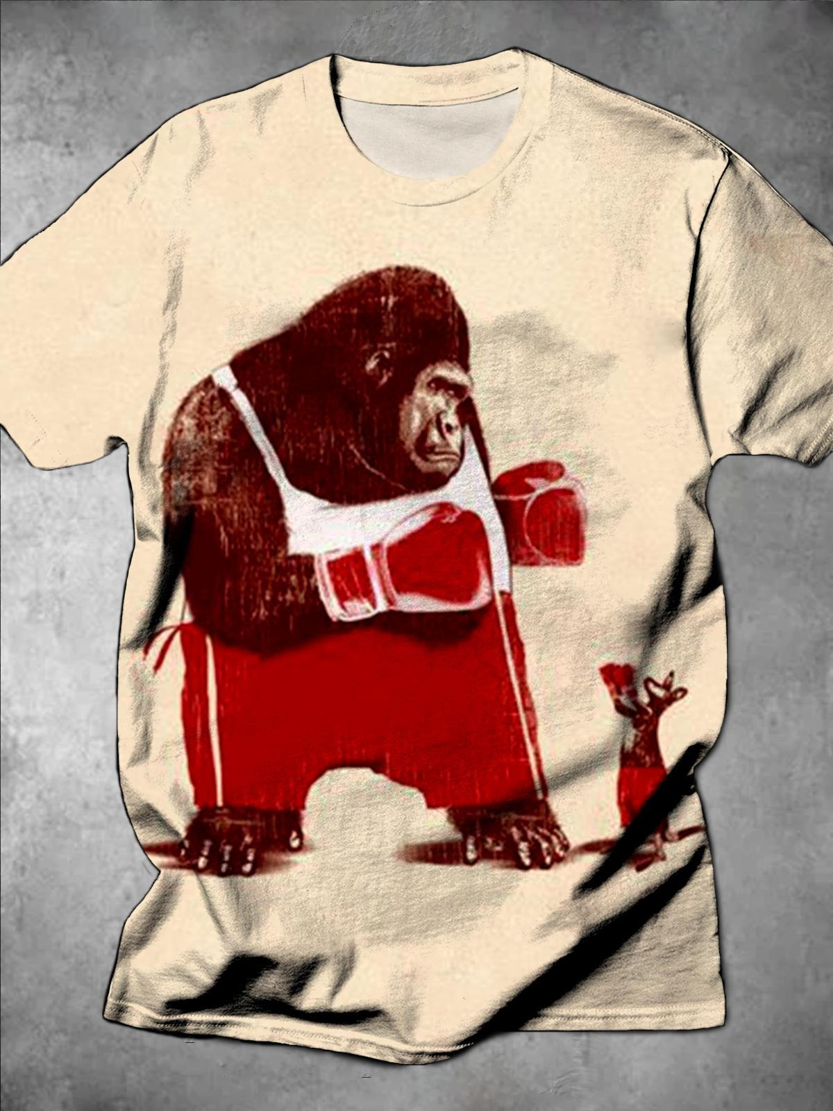 Orangutan Boxing Print Round Neck Short Sleeve Men's T-shirt