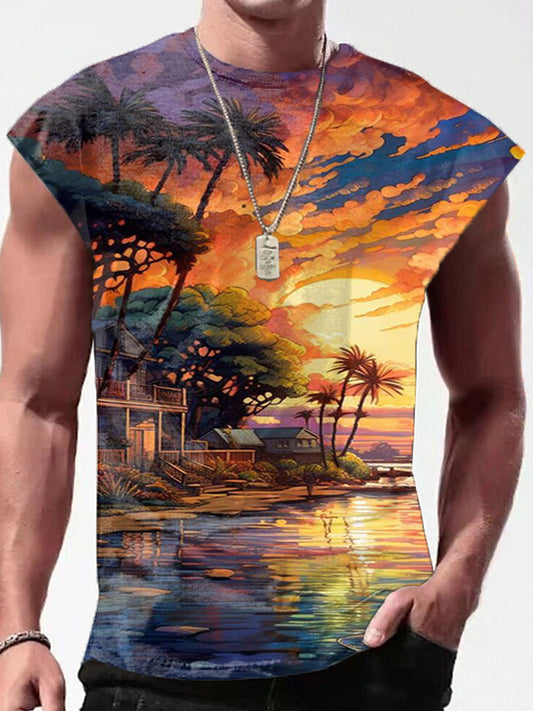 Oil Painting Holiday Coconut Tree Beach Print Men's Sleeveless Vest