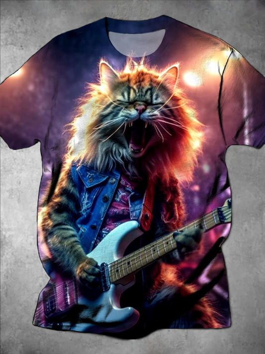 Rock Cat Playing Guitar Print Round Neck Short Sleeve Men's T-shirt