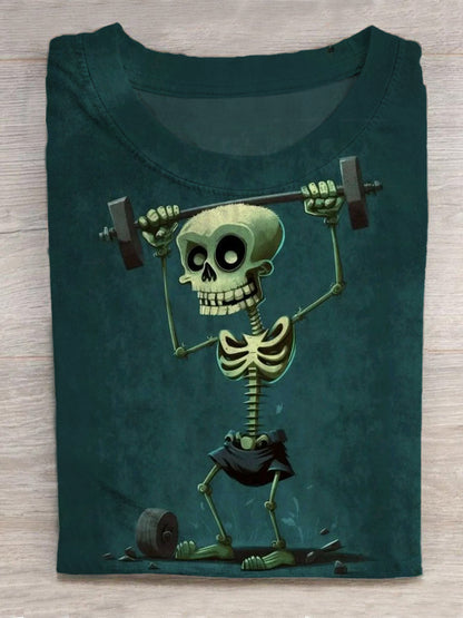 Weightlifting Skull Print Round Neck Short Sleeve Men's T-shirt
