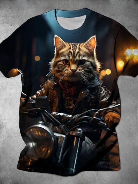 Cat Riding Motorcycle Print Round Neck Short Sleeve Men's T-Shirt