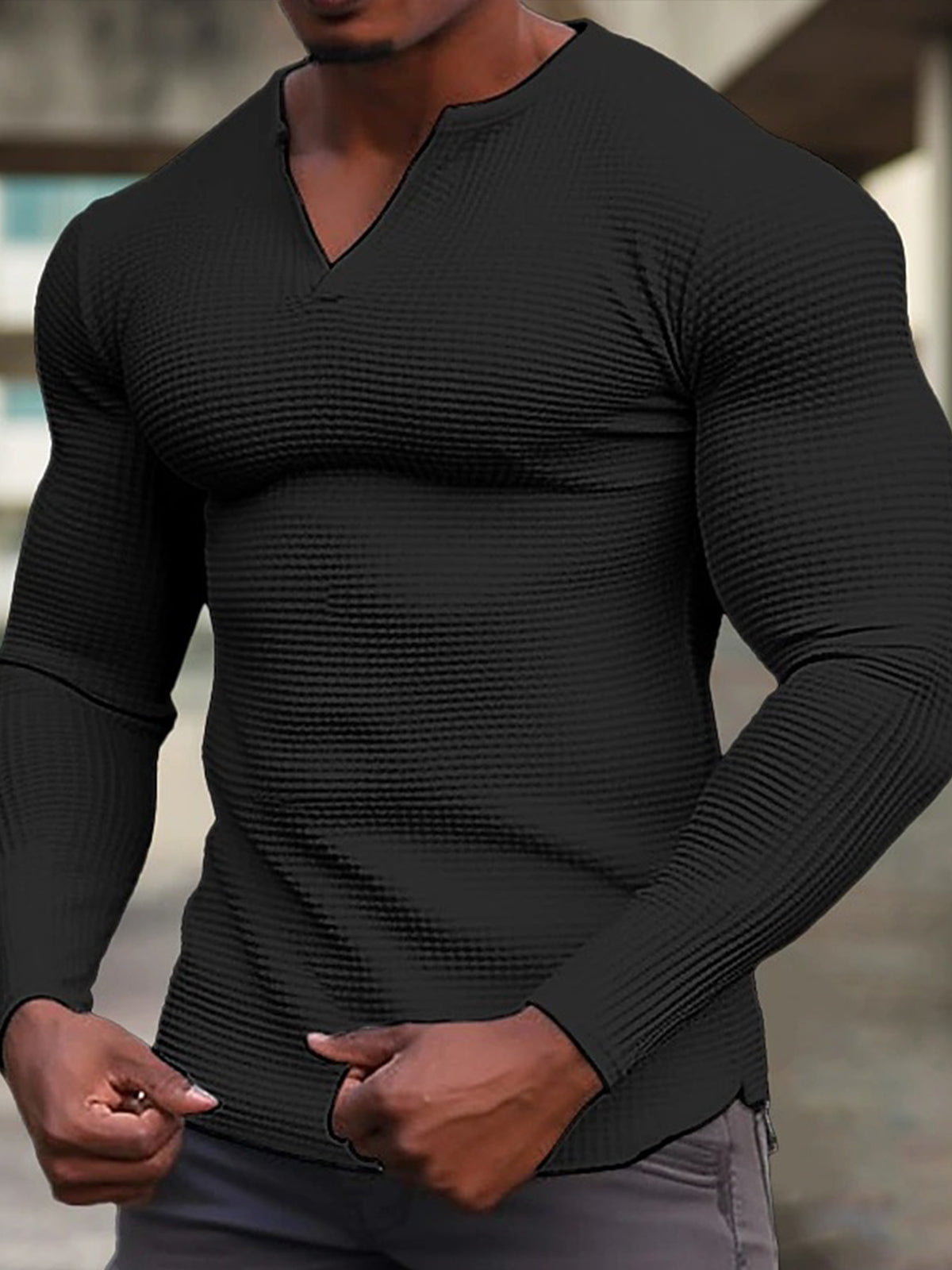 Casual Solid Color Waffle V-Neck Long Sleeve Men's T-Shirt
