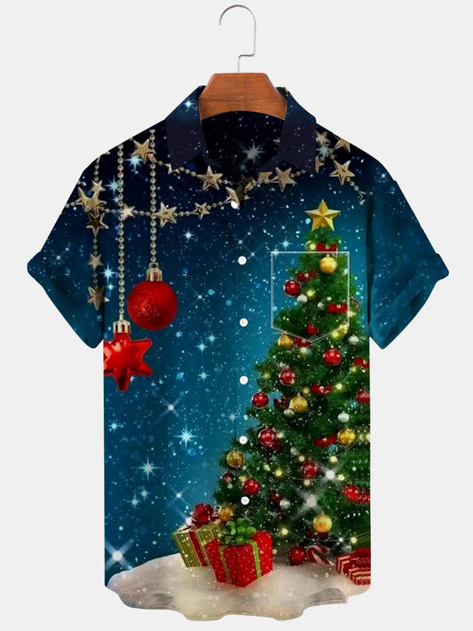 Christmas Tree Star Short Sleeve Men's Shirts With Pocket