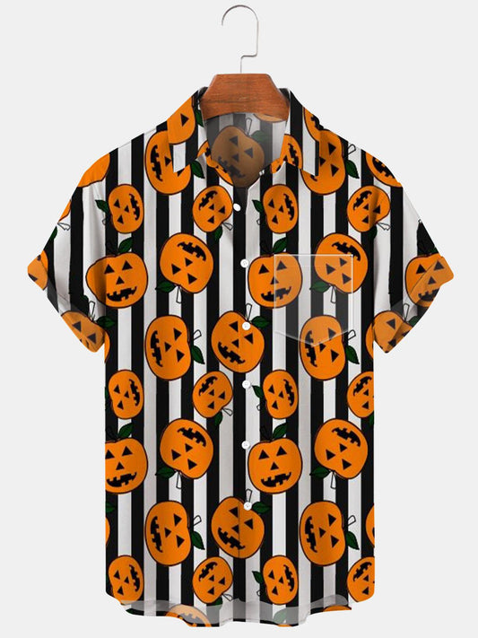 Halloween Pumpkin Stripe Men's Shirts With Pocket