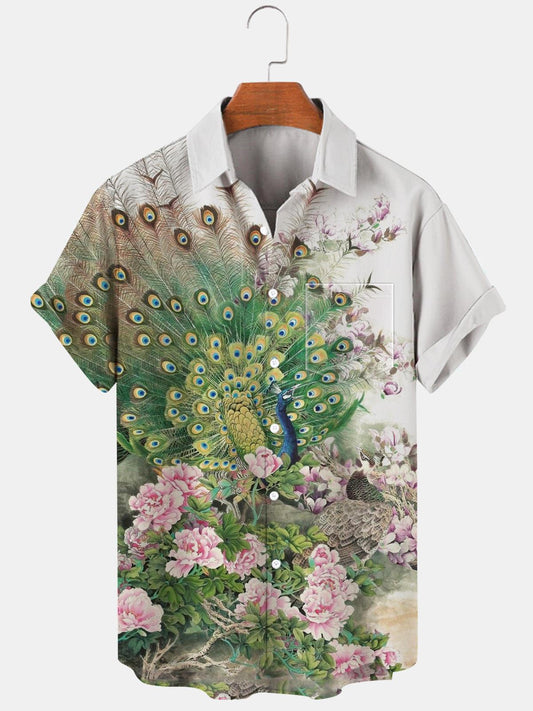 Peacock Flower Short Sleeve Men's Shirts With Pocket