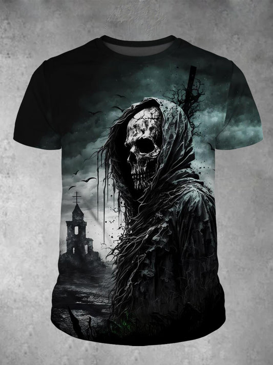 Dark Skull Print Round Neck Short Sleeve Men's T-Shirt