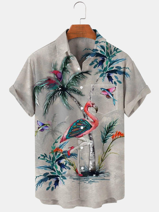 Flamingo Coconut Palm Short Sleeve Men's Shirts With Pocket