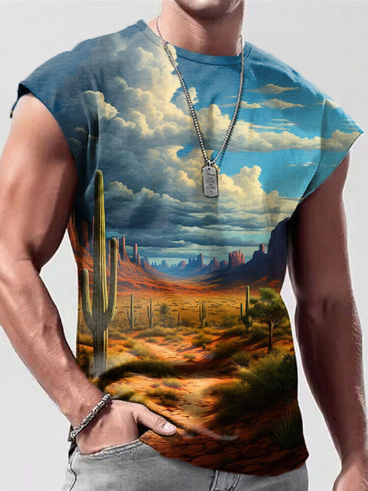 Western Landscape Print Men's Sleeveless Crew Neck Vest