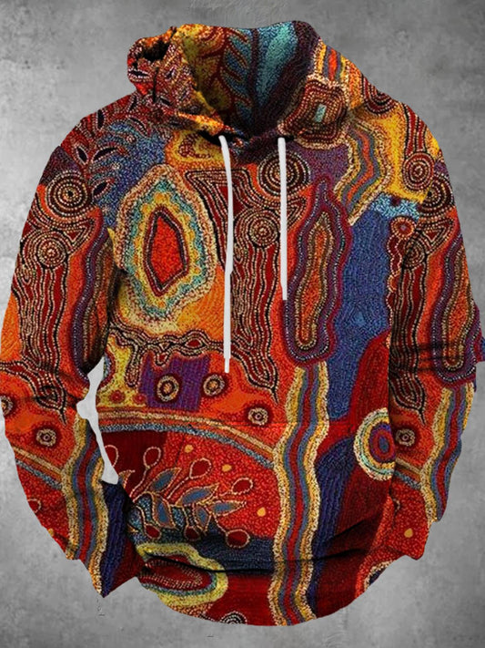 Abstract Print Long Sleeve Hooded Pocket Men's Top
