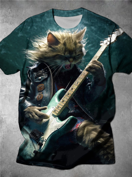 Personalized Guitar Cat Casual Printed Round Neck Short-Sleeved Men's T-Shirt