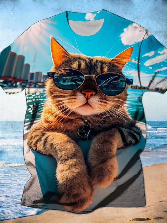 Sunglasses Cat Vacation Print Men's Casual Short Sleeve T-Shirt 