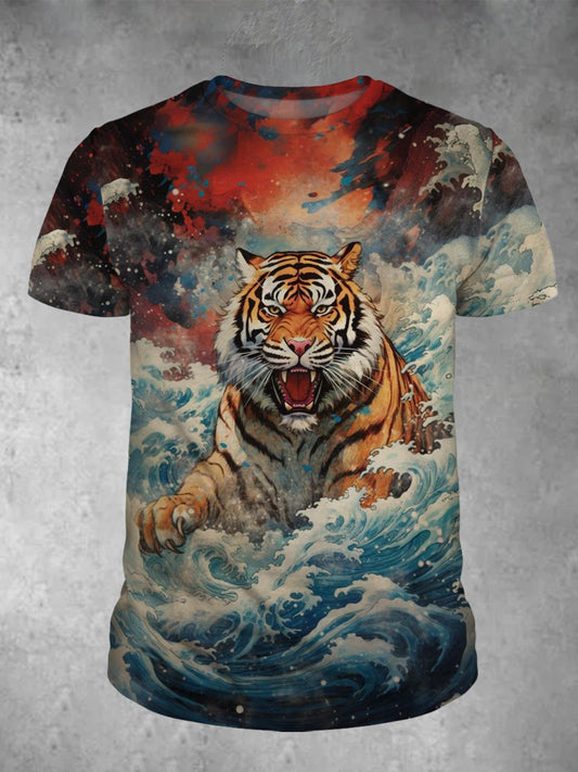 Tiger Print Round Neck Short Sleeve Men's T-shirt