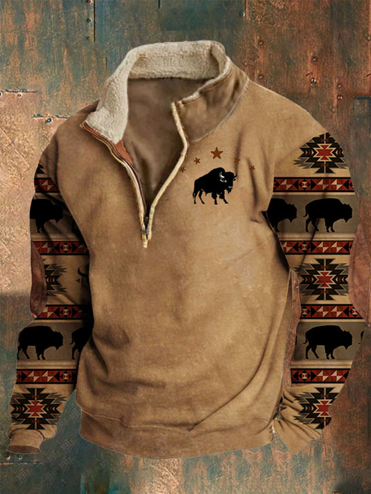 Men's Retro Western Cow Print Long Sleeve Stand Collar Zip Sweatshirt