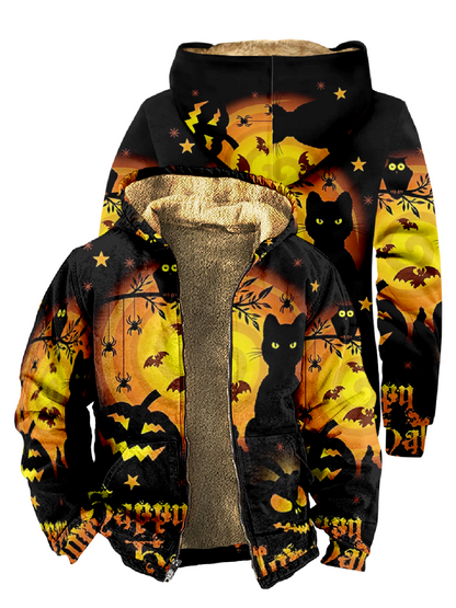 Halloween Pumpkin Print Long Sleeve Hooded Zipper Men's Jacket