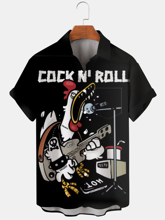 Rock Rooster Print Short Sleeve Men's Shirts With Pocket