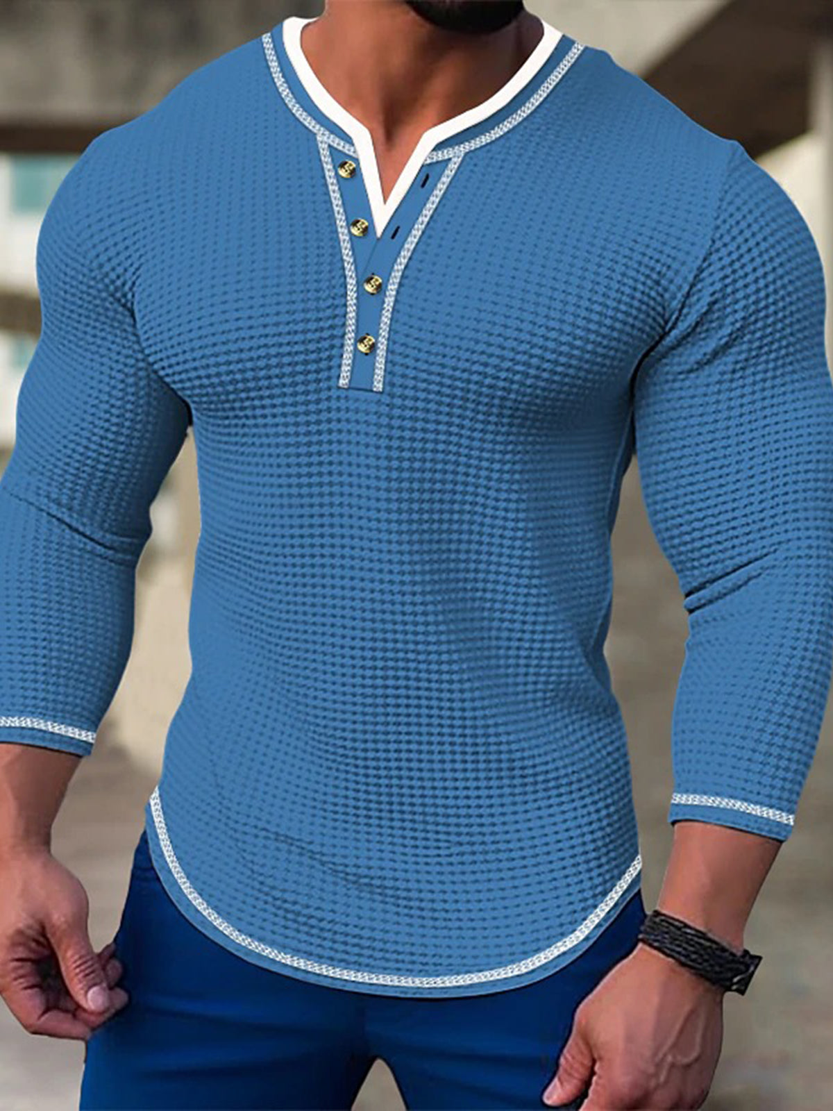 Casual Solid Color Waffle Men's Long Sleeve T-Shirt