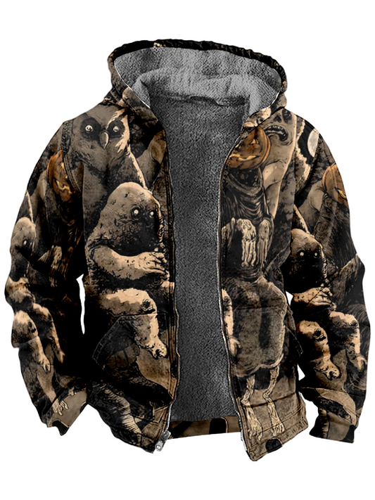 Halloween Owl Print Long Sleeve Hooded Zipper Men's Jacket