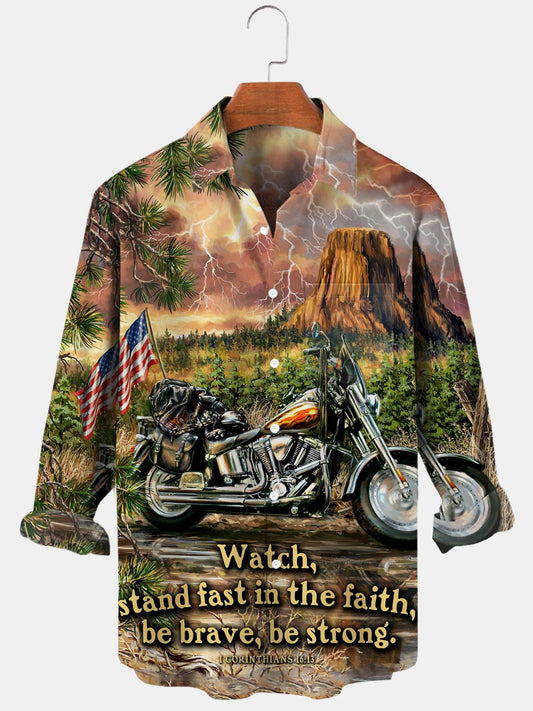Motorcycle American Flag Long Sleeve Men's Shirts With Pocket