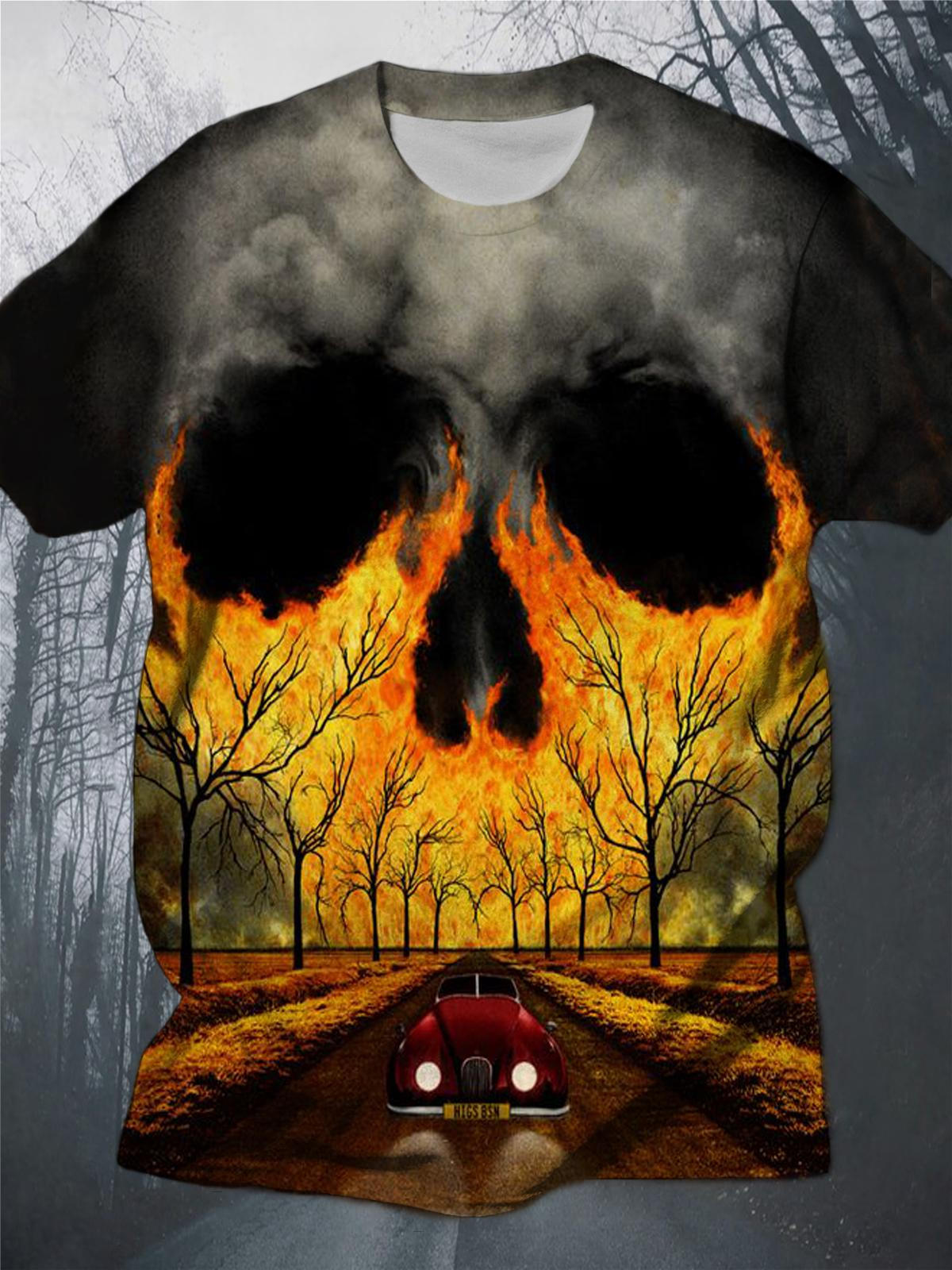 Flame Forest Skull Print Crew Neck Top