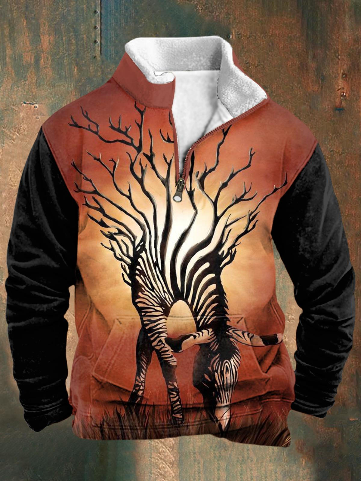 Western Style Tree Of Life Zebra Print Men's Long Sleeve Stand Collar Zipper Sweatshirt