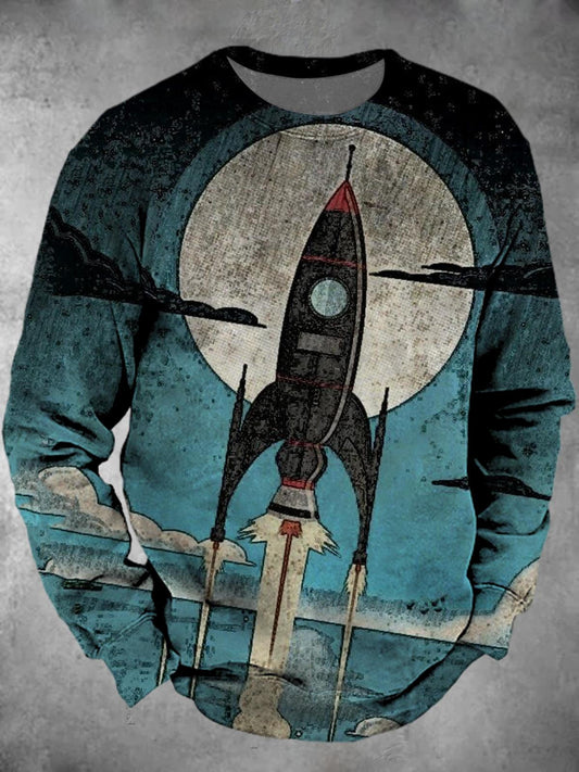 Rocket Print Round Neck Long Sleeve Men's Top