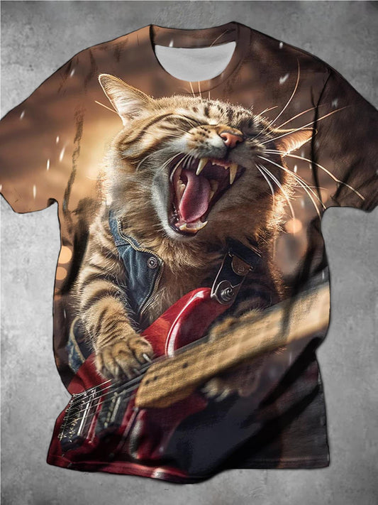 Rock Guitar Cat Casual Printed Round Neck Short Sleeve Men's T-Shirt