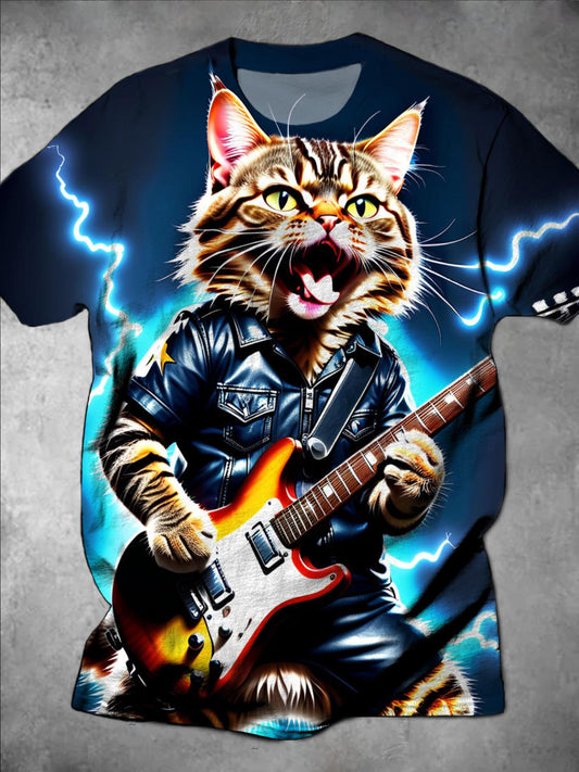 Rock Guitar Cat Print Round Neck Short Sleeve Men's T-shirt