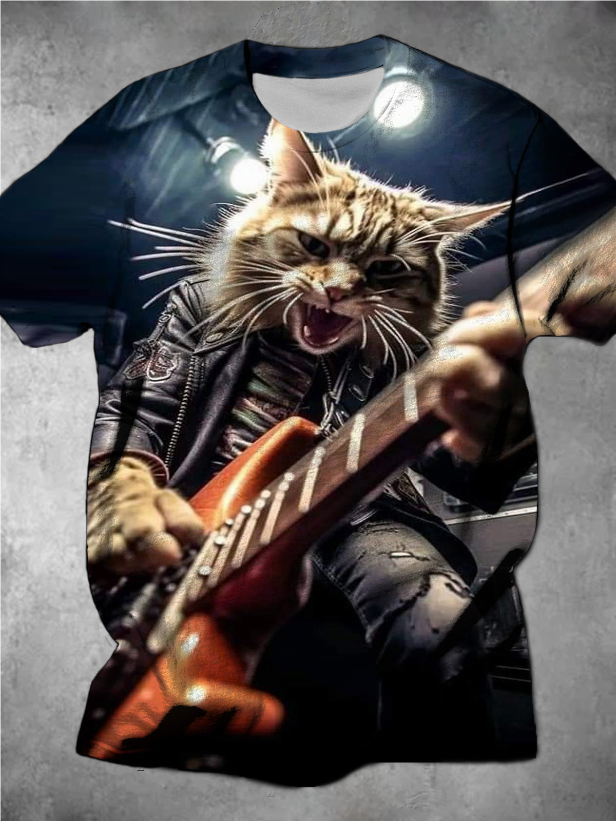 Dark Style Cat Playing Guitar Print Round Neck Short-Sleeved Men's T-Shirt