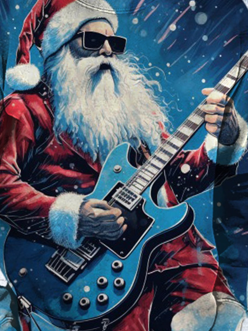 Santa Claus Playing Guitar Round Neck Long Sleeve Men's Top