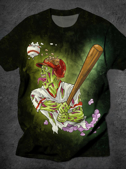 Baseball Zombie Player Print Round Neck Short Sleeve Men's T-shirt