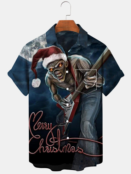 Christmas Skull Guitar Short Sleeve Men's Shirts With Pocket