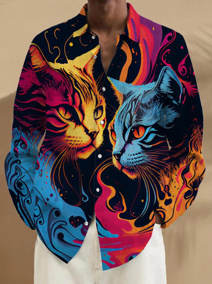 Cat Print Long Sleeve Men's Shirts With Pocket