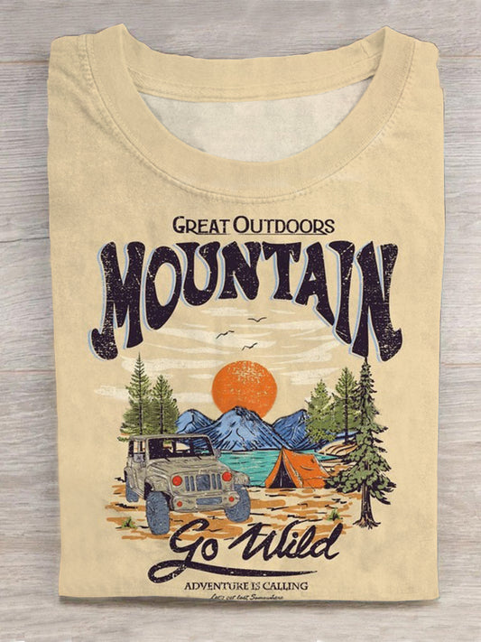 Vintage Mountain Adventure Camping Print Round Neck Short Sleeve Men's T-shirt