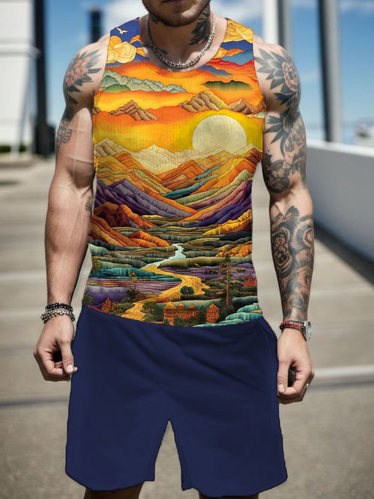 Colorful Oil Painting Sunset Men's Suit Sleeveless Round Neck Vest + Shorts