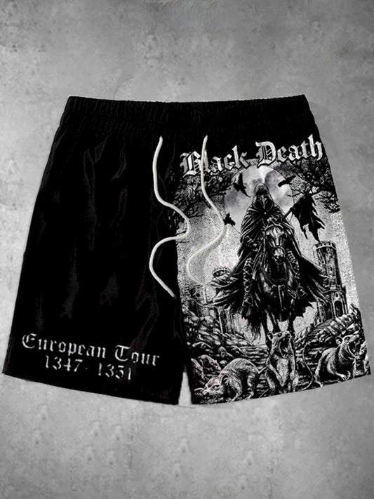 Black Death Crow Graphic Letter Print Men's Shorts