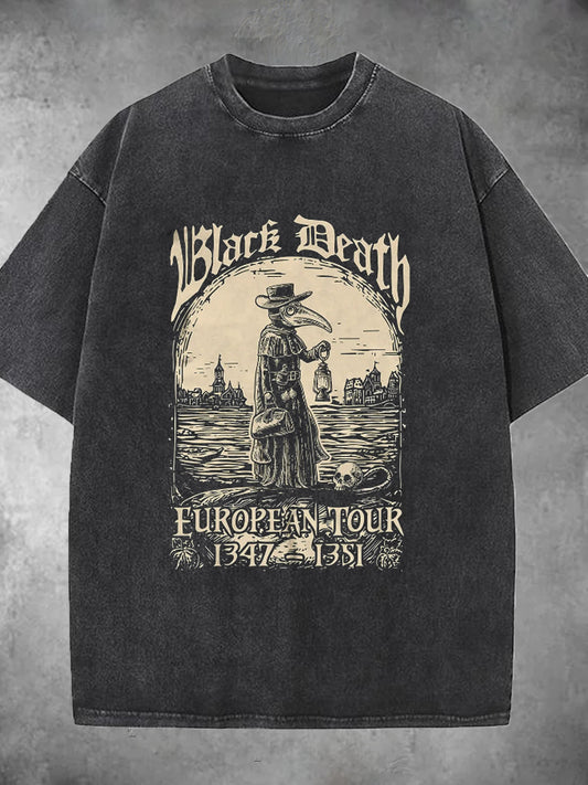 Black Death Medieval Plague Doctor Washed Short Sleeve Round Neck Men's T-shirt
